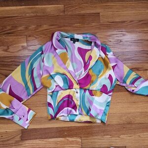 Vibrant Purple and Yellow Notched Collar Crop Blouse